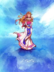 Rule 34 | 1girl, armor, blonde hair, blue background, crown, dress, full body, hair pulled back, highres, holding, long dress, long hair, maddestmao, multicolored clothes, multicolored dress, musical note, nintendo, pointy ears, princess zelda, sad, short sleeves, shoulder armor, solo, the legend of zelda, the legend of zelda: ocarina of time