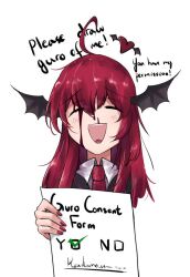 Rule 34 | 1girl, :d, ahoge, black vest, blood, blood on face, blush, closed eyes, collared shirt, demon girl, demon wings, english text, fingernails, hair between eyes, head wings, holding, holding paper, koakuma, long bangs, long hair, necktie, open mouth, paper, red hair, red nails, red necktie, shirt, simple background, smile, solo, tierra misu, touhou, vest, white background, white shirt, wings, yes