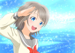 Rule 34 | 1girl, absurdres, aqua eyes, artist name, artist request, blue eyes, blue sky, blush, bow, bowtie, breasts, brown hair, buttons, cloud, collarbone, collared shirt, day, female focus, grey hair, grey sailor collar, hair between eyes, highres, light brown hair, long sleeves, looking at viewer, love live!, love live! sunshine!!, outdoors, parted lips, red bow, red bowtie, sailor collar, salute, school uniform, shirt, short hair, sky, smile, solo, sparkle, upper body, uranohoshi school uniform, watanabe you, white shirt, yellow buttons