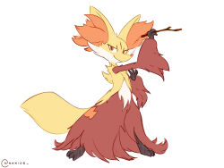 Rule 34 | artist name, creatures (company), delphox, full body, game freak, gen 6 pokemon, highres, holding, holding stick, looking at viewer, nakios, nintendo, pokemon, pokemon (creature), red eyes, simple background, solo, stick, white background