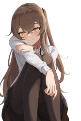 Rule 34 | 1girl, absurdres, black pantyhose, blush, brown hair, commentary, copycat001, english commentary, girls&#039; frontline, hand on own arm, highres, korean commentary, long hair, looking at viewer, mixed-language commentary, one side up, orange eyes, panties, pantyhose, pantyshot, scar, scar across eye, scar on face, shirt, sitting, smile, ump45 (girls&#039; frontline), underwear, white background, white shirt