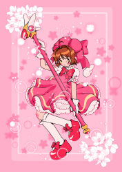 Rule 34 | 1girl, beret, blush stickers, bow, bowtie, brown hair, cardcaptor sakura, cherry blossoms, commentary, detached wings, dress, english commentary, footwear bow, frilled dress, frills, full body, fuuin no tsue, gloves, green eyes, hat, highres, holding, holding wand, kinomoto sakura, kneehighs, looking at viewer, magical girl, pink background, pink dress, puffy short sleeves, puffy sleeves, red bow, red bowtie, red footwear, short hair, short sleeves, socks, solo, toraxwx, wand, white gloves, white socks, wings
