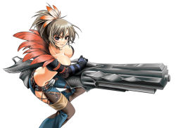 Rule 34 | 1girl, amagai yukino, belt, belt buckle, blue eyes, blush, breasts, brown hair, buckle, butt crack, capcom, chain, cleavage, crop top, denim, elbow gloves, feathers, fighting stance, garuda (armor), gloves, groin, gun, hair ornament, huge weapon, hypnocatrice (armor), jeans, large breasts, looking at viewer, looking back, lowleg, midriff, monster hunter, monster hunter (series), monster hunter frontier, naughty face, no panties, pants, parted bangs, ponytail, profile, purple eyes, short hair, side slit, silver hair, simple background, smile, solo, squatting, studded belt, thigh strap, weapon