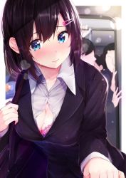 Rule 34 | 1girl, bag, black hair, blue eyes, blush, breasts, cleavage, commentary request, formal, hair ornament, hairclip, highres, holding hands, looking at viewer, medium breasts, mole, mole on breast, office lady, original, rouka (akatyann), short hair, shoulder bag, solo focus, suit, tears, train interior, upper body