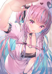 Rule 34 | 1girl, ahoge, alternate costume, bandaid, bandaid on arm, black ribbon, blue hair, blurry, blush, braid, breasts, cleavage, commentary, cowboy shot, cropped jacket, cross, depth of field, hair ribbon, hat, heart, highres, hololive, jacket, light blue hair, long hair, looking at viewer, medium breasts, minato aqua, miniskirt, multicolored hair, nurse, nurse cap, o-ring, open clothes, open jacket, open mouth, pencil skirt, pink eyes, pink hair, pink hat, pink jacket, pink skirt, pov, ribbon, side braids, skirt, solo, strap, streaked hair, tareme, topia, twin braids, two-tone hair, two side up, very long hair, virtual youtuber