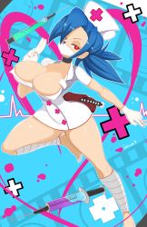 Rule 34 | 1girl, blue hair, breasts, choker, cleavage, dress, eyepatch, full body, gloves, hat, highres, jellcaps, large breasts, leg up, legs, looking at viewer, microdress, mouth mask, nurse, nurse cap, ponytail, red eyes, skullgirls, surgical mask, symbol-shaped pupils, syringe, thick thighs, thighs, valentine (skullgirls), white footwear, white gloves