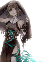 Rule 34 | 1boy, black nails, blunt bangs, bob cut, brown hair, closed mouth, dress, earrings, green eyes, green hair, gretel (sinoalice), highres, jewelry, looking at viewer, male focus, nail polish, patapatahnr, sinoalice, smile, solo, thighhighs, torn clothes, veil
