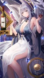 Rule 34 | 1girl, absurdres, alcohol, animal ear fluff, animal ears, azur lane, bare shoulders, blue butterfly, blue dress, blue eyes, bottle, breasts, bug, butterfly, cleavage, cup, cupping glass, dress, drinking glass, feather boa, fox ears, grey hair, hair ornament, highres, holding, huge filesize, insect, kitsune, large breasts, long hair, looking at viewer, minestrone takizawa, mole, mole under eye, multiple tails, open mouth, shinano (azur lane), shinano (dreams of the hazy moon) (azur lane), sidelocks, sitting, solo, tail, thighs, very long hair, wine, wine bottle, wine glass