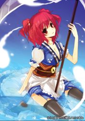 Rule 34 | 1girl, breasts, cleavage, dress, female focus, gradient background, hair bobbles, hair ornament, kurot, medium breasts, onozuka komachi, red eyes, red hair, scythe, short hair, sitting, solo, thighhighs, touhou, twintails, two side up, wariza