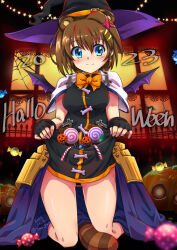 Rule 34 | 1girl, 2023, animal ears, artist name, black gloves, black hat, blue eyes, blush, breasts, brown hair, candy, closed mouth, dated, fingerless gloves, food, gloves, halloween, hat, highres, large breasts, looking at viewer, lyrical nanoha, mahou shoujo lyrical nanoha strikers, purple hat, raccoon ears, raccoon tail, san-pon, short hair, smile, solo, tail, witch hat, yagami hayate