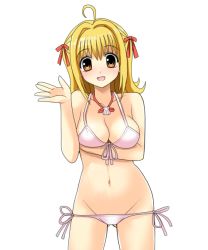 Rule 34 | 00s, 1girl, ahoge, arm up, bikini, blonde hair, bow, breast hold, breasts, brown eyes, cleavage, crossed arms, front-tie top, groin, hair bow, jewelry, looking at viewer, lowleg, lowleg bikini, mermaid melody pichi pichi pitch, miru, nanami lucia, navel, necklace, open mouth, pendant, pink bikini, seashell, shell, short hair, side-tie bikini bottom, simple background, smile, solo, swimsuit, white background, yellow eyes