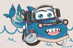 Rule 34 | bloop (gawr gura), blue eyes, cars (movie), commentary, english commentary, faerieko, fins, fish tail, gawr gura, hair ornament, highres, hololive, hololive english, shark hair ornament, shark tail, sharp teeth, tail, tail wagging, teeth, tongue, tow mater, twitter username, upper teeth only, virtual youtuber, water, waves, wheel