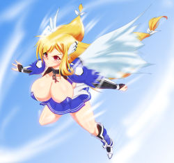 Rule 34 | :&gt;, artist request, astraea (sora no otoshimono), blonde hair, breasts, cleavage, collar, fingerless gloves, flying, gloves, highres, huge breasts, red eyes, skirt, sky, sora no otoshimono, wings