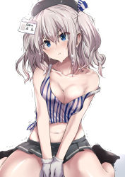 Rule 34 | 10s, 1girl, :t, beret, black socks, blue eyes, blush, breasts, character name, cleavage, closed mouth, collarbone, crop top, gloves, grey hair, hat, kantai collection, kashima (kancolle), lawson, long hair, looking at viewer, medium breasts, midriff, navel, pleated skirt, pout, price tag, shirt, simple background, sitting, skirt, sleeveless, socks, solo, strap slip, striped, suggestive fluid, tai (nazutai), tank top, tears, tied shirt, trembling, twintails, v arms, wariza, white background, white gloves