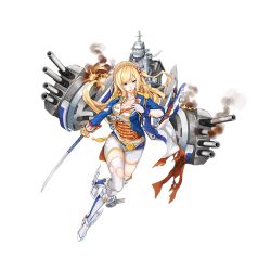 Rule 34 | 15k, 1girl, aiguillette, blonde hair, blue eyes, blue jacket, braid, breasts, broken, buttons, cannon, cleavage, collarbone, crown braid, damaged, double-breasted, epaulettes, french flag, full body, gloves, holding, holding sword, holding weapon, jacket, jewelry, leg up, long hair, long sleeves, machinery, military, military uniform, necklace, official art, open clothes, open jacket, open mouth, remodel (warship girls r), richelieu (warship girls r), saber (weapon), shorts, side ponytail, smoke, solo, sword, thighhighs, torn clothes, torn thighhighs, transparent background, turret, uniform, warship girls r, weapon, white gloves, white shorts, white thighhighs