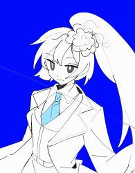 Rule 34 | 1girl, belt, blue background, blue necktie, closed mouth, coat, coattails, collared shirt, e.g.o (project moon), employee (project moon), flower, frown, grey eyes, hair flower, hair ornament, highres, jacket, lobotomy corporation, long hair, long sleeves, looking ahead, monochrome, necktie, open clothes, open coat, outstretched arm, plant, project moon, shirt, side ponytail, solo, spot color, tiankong yiji, upper body, vines