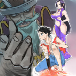 Rule 34 | 1girl, 2boys, bandages, black hair, boa hancock, breasts, byrnndi world, cleavage, earrings, facial hair, jewelry, large breasts, long hair, monkey d. luffy, multiple boys, navel, nyantiu, one piece, torn clothes