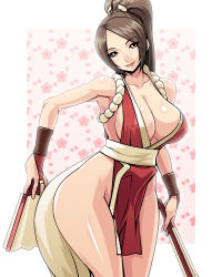 Rule 34 | 1girl, armpits, breasts, cleavage, folded fan, curvy, hand fan, fatal fury, folding fan, highleg, highres, hip focus, large breasts, loincloth, long hair, nek, pelvic curtain, ponytail, revealing clothes, rope, shiranui mai, snk, solo, the king of fighters, wide hips