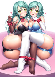 Rule 34 | 2girls, :d, aqua hair, ass, asymmetrical docking, bang dream!, bare shoulders, black leotard, blue leotard, blush, bow, bowtie, braid, breast press, breasts, brown gloves, brown legwear, cameltoe, cleavage, cleft of venus, detached collar, elbow gloves, feet, gloves, green eyes, hand to own mouth, heart, hikawa hina, hikawa sayo, incest, lambda (kusowarota), leotard, long hair, looking at viewer, medium breasts, multiple girls, no shoes, open mouth, red bow, red neckwear, red ribbon, ribbon, siblings, sisters, skindentation, smile, thighhighs, white gloves, white legwear, wrist cuffs
