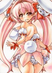 Rule 34 | 1girl, animal ears, ass, bare shoulders, blush, bow, breasts, rabbit ears, rabbit tail, choker, curvy, di gi charat, dice, covered erect nipples, hair bow, large breasts, long hair, looking at viewer, looking back, marker (medium), millipen (medium), open mouth, pink hair, red eyes, solo, tail, traditional media, twintails, usada hikaru, wide hips, yutakasan-love