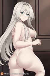 Rule 34 | 1girl, an-94 (girls&#039; frontline), aslindsamure, ass, back, blush, breasts, closed mouth, girls&#039; frontline, green eyes, grey hair, hair intakes, highres, large breasts, long hair, looking at viewer, looking back, nipples, nude, sidelocks, solo, thighs