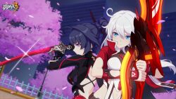 Rule 34 | 2girls, ahoge, back, black hair, blue eyes, breasts, closed mouth, clothing cutout, falling petals, fighting stance, high ponytail, highres, holding, holding sword, holding weapon, honkai (series), honkai impact 3rd, japanese clothes, kiana kaslana, kiana kaslana (valkyrie ranger), large breasts, logo, makeup, multiple girls, navel, navel cutout, official alternate costume, official art, official wallpaper, petals, ponytail, purple eyes, raiden mei, raiden mei (danzai spectramancer), serious, sparkle, sword, tree, upper body, v-shaped eyebrows, weapon, white hair