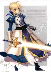 Rule 34 | 1girl, absurdres, ahoge, armor, armored dress, artoria pendragon (all), artoria pendragon (fate), blonde hair, blue dress, blue ribbon, braid, braided bun, dress, excalibur (fate/stay night), fate/stay night, fate (series), faulds, gauntlets, green eyes, hair between eyes, hair bun, hair ribbon, highres, holding, holding sword, holding weapon, konoe ototsugu, looking at viewer, page number, ribbon, saber (fate), short hair, smile, solo, standing, sword, weapon