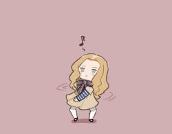 Rule 34 | 1girl, blonde hair, blue eyes, brown dress, chibi, commentary request, dancing, dress, eighth note, forehead, full body, long hair, long sleeves, looking at viewer, m3gan, m3gan (character), musical note, negative space, pantyhose, pink background, saiguchi otoufu, solo, white pantyhose