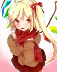 Rule 34 | 1girl, alternate costume, argyle, argyle clothes, argyle scarf, blonde hair, blush, cardigan, contemporary, fang, female focus, flandre scarlet, hair ribbon, heart, long hair, looking at viewer, no headwear, open mouth, red eyes, red scarf, ribbon, scarf, side ponytail, skirt, smile, solo, takeshima eku, touhou, unmoving pattern, wings
