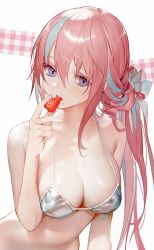 1girl, absurdres, bangs, bikini, bikini top, blue eyes, bow, breasts, cleavage, eating, food, fruit, grey bow, hair between eyes, hair bow, halterneck, highlights, highres, large breasts, leaning forward, long hair, mole, mole under mouth, multicolored hair, original, pink hair, shiny, shiny hair, shiny skin, shycocoa, solo, strawberry, swimsuit, upper body, very long hair, white bikini
