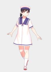 Rule 34 | 1girl, black hair, blue sailor collar, brown eyes, commentary request, dress, full body, grey background, hat, hiburi (kancolle), highres, kantai collection, low ponytail, sailor collar, sailor dress, sailor hat, shoes, short hair, short sleeves, simple background, smile, socks, solo, standing, uwabaki, white dress, white socks, yuuji (and)