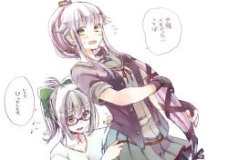 Rule 34 | 10s, 2girls, alternate costume, bad id, bad twitter id, black gloves, blush, bow, breasts, collarbone, fingerless gloves, flying sweatdrops, glasses, gloves, green bow, green eyes, green hair, grey hair, hair between eyes, hair bow, hair flaps, hair ribbon, ichinashi, jacket, kantai collection, long hair, measuring, multiple girls, musical note, neck ribbon, pink hair, pleated skirt, ponytail, red ribbon, remodel (kantai collection), ribbon, sailor collar, school uniform, shirt, short sleeves, simple background, skirt, sweatdrop, t-shirt, tape measure, translation request, very long hair, white background, yura (kancolle), yuubari (kancolle)