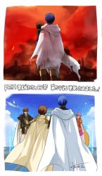 Rule 34 | 1girl, 3boys, age progression, armor, blue hair, blue sky, brown hair, burning, cape, child, father and son, finn (fire emblem), fire, fire emblem, fire emblem: genealogy of the holy war, fire emblem: thracia 776, fire emblem heroes, fire, itagaki hako, leif (fire emblem), mother and son, multiple boys, nintendo, pink hair, shoulder armor, signature, skirt, sky, smoke, translation request