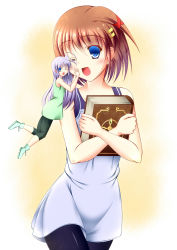 Rule 34 | 2girls, ;d, ahoge, ak@tsuki, blue eyes, blush, book, brown hair, casual, contemporary, dress, hair ornament, hand on another&#039;s face, highres, holding, leggings, long hair, lyrical nanoha, mahou shoujo lyrical nanoha, mahou shoujo lyrical nanoha a&#039;s, mini person, minigirl, multiple girls, one eye closed, open mouth, pantyhose, reinforce zwei, short hair, silver hair, smile, tome of the night sky, wink, x hair ornament, yagami hayate