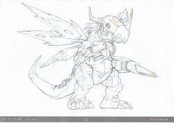 Rule 34 | 1boy, android, character sheet, claws, digimon, digimon (creature), digimon adventure tri., helmet, highres, horns, mechanical arms, metalgreymon, monochrome, monster, no humans, official art, serious, simple background, solo, tail, white background, wings
