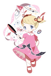 Rule 34 | 1girl, ana (mother), blonde hair, blue eyes, blush, bow, child, dress, franklin badge, frying pan, hair ribbon, hand on own hip, highres, holding, holding frying pan, letter, mary janes, milkpeachi, mother (game), mother 1, nintendo, pink dress, postage stamp, ribbon, shoes, short twintails, smile, socks, solo, twintails, white socks