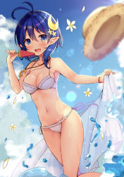 Rule 34 | 1girl, :d, antenna hair, asymmetrical hair, bad id, bad pixiv id, bare shoulders, bikini, blue eyes, blue hair, blue sky, blush, bracelet, breasts, cleavage, cloud, collarbone, crescent, crescent hair ornament, crossed bangs, dark blue hair, day, eyes visible through hair, flower, food, fruit, groin, hair between eyes, hair flower, hair ornament, hat, highres, holding, jewelry, lens flare, looking at viewer, md5 mismatch, medium breasts, mori airi, navel, necklace, open mouth, outdoors, pointy ears, popsicle, rena lanford, resolution mismatch, short hair, side-tie bikini bottom, sky, smile, solo, star ocean, star ocean anamnesis, star ocean the second story, straw hat, swimsuit, teeth, thighs, watermelon, watermelon bar, wet, white bikini, white flower, yellow hat