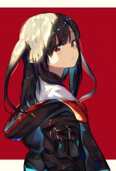 Rule 34 | 1girl, arknights, black hair, black jacket, closed mouth, closure (arknights), driftingtiger, from side, highres, jacket, long hair, looking at viewer, looking to the side, off shoulder, one side up, open clothes, open jacket, pointy ears, red background, red eyes, shirt, simple background, solo, upper body, white shirt
