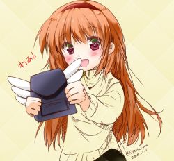 Rule 34 | 1girl, alternate hair length, alternate hairstyle, asahina yori, backpack, bag, beige background, beige sweater, commentary request, cowboy shot, dated, hairband, kanon, long hair, looking at viewer, orange hair, red eyes, red hairband, solo, tsukimiya ayu, twitter username, wings