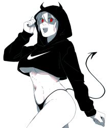 Rule 34 | 1girl, breasts, clenched hand, commentary, crop top, crop top overhang, cropped hoodie, demon girl, demon horns, demon tail, dorohedoro, greyscale, hanpetos, highleg, highleg panties, hood, hoodie, horns, large breasts, monochrome, nikaidou (dorohedoro), open mouth, panties, red eyes, shaded face, smile, solo, spot color, tail, underboob, underwear