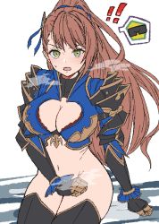 Rule 34 | !, !!, 1girl, armor, bad id, bad twitter id, beatrix (granblue fantasy), bottomless, breasts, brown hair, cleavage, covering privates, covering crotch, gloves, granblue fantasy, green eyes, large breasts, ll 0109, long hair, looking at viewer, navel, open mouth, ponytail, sitting, solo, sweatdrop