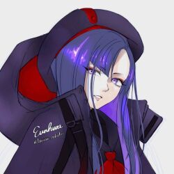 Rule 34 | 1girl, asymmetrical bangs, beret, black hat, black jacket, character name, colored inner hair, eunhwa (nikke), forehead, goddess of victory: nikke, grin, hat, hood, hood down, hooded jacket, jacket, long hair, looking at viewer, multicolored hair, neckerchief, purple eyes, purple hair, red jacket, red neckerchief, simple background, smile, solo, tensan oekaki, twitter username, two-sided fabric, two-sided jacket, white background