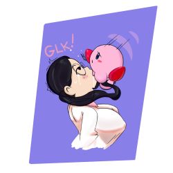 Rule 34 | 1boy, 1girl, arched back, black hair, blue background, blue eyes, blush, blush stickers, breasts, covered erect nipples, cropped torso, crying, deepthroat, dizzytizzy, drooling, english text, fellatio, forehead, freckles, from side, glasses, grabbing another&#039;s hair, hetero, highres, huge penis, irrumatio, kirby, kirby (series), kirby 64, large breasts, long hair, long sleeves, motion lines, nintendo, no sclera, oral, penis, pink sailor collar, purple eyes, rimless eyewear, ripple star queen, rolling eyes, sailor collar, shirt, shoulder blades, sound effects, streaming tears, sweatdrop, tears, testicles, throat bulge, trembling, twintails, uncensored, veins, veiny penis, white background, white shirt