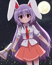 Rule 34 | 1girl, absurdres, animal ears, carrot pin, chaleu, closed mouth, cowboy shot, full moon, hair between eyes, highres, holding, holding weapon, long hair, looking at viewer, lunatic gun, moon, necktie, night, night sky, pink skirt, pleated skirt, purple hair, rabbit ears, red eyes, red necktie, reisen udongein inaba, shirt, short sleeves, signature, skirt, sky, solo, standing, star (sky), starry sky, touhou, very long hair, weapon, white shirt