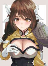 Rule 34 | 1girl, 2sirokma0930, armor, braid, breasts, brown eyes, brown hair, cleavage, cleavage cutout, closed mouth, clothing cutout, fire emblem, fire emblem engage, gloves, goldmary (fire emblem), hair ornament, highres, large breasts, looking at viewer, medium breasts, nintendo, ribbon, shoulder armor, side braid, smile, solo, white gloves, white ribbon