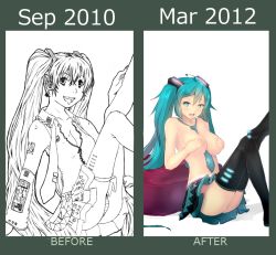 Rule 34 | 1girl, aqua eyes, aqua hair, artist progress, bad proportions, before and after, blush, breasts, covering privates, covering breasts, hatsune miku, large breasts, long hair, magister, monochrome, necktie, panties, pantyshot, redrawn, skirt, solo, thighhighs, topless, twintails, underwear, upskirt, vocaloid