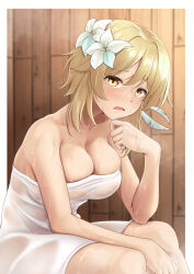 Rule 34 | 1girl, blonde hair, breasts, cleavage, collarbone, feather hair ornament, feathers, flower, genshin impact, hair flower, hair ornament, hiden (takanori), highres, hot, indoors, large breasts, light blush, looking at viewer, lumine (genshin impact), naked towel, open mouth, sauna, short hair with long locks, sitting, solo, sweat, towel, white flower, white towel, wiping sweat, yellow eyes