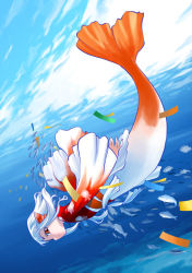 Rule 34 | 1girl, blue background, diving, fins, fish, flat chest, from side, head fins, hirai yukio, japanese clothes, kimono, koi, light smile, looking at viewer, mermaid, monster girl, ningyo, ocean, red eyes, short hair, smile, solo, swimming, underwater, water, white hair, wide sleeves