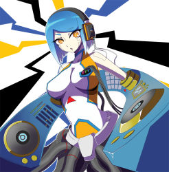 Rule 34 | 1girl, album cover, blue hair, bob cut, breasts, cable, cover, headphones, large breasts, mitsumi (fuha-2), mixing table, no legs, original, short hair, solo, yellow eyes