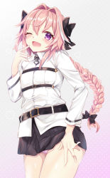Rule 34 | 1boy, ;d, astolfo (fate), bad id, bad pixiv id, belt, belt buckle, black belt, black bow, black ribbon, black skirt, blush, bow, braid, buckle, bulge, chaldea uniform, collared shirt, commentary request, cosplay, cowboy shot, crossdressing, dress shirt, fang, fate/grand order, fate (series), finger to cheek, fujimaru ritsuka (female), fujimaru ritsuka (female) (cosplay), gradient background, grey background, hair between eyes, hair bow, hair intakes, hair ribbon, hand on own thigh, hand up, heart, legs together, long hair, long sleeves, looking at viewer, male focus, multicolored hair, nekomiya noru (yuduki710), one eye closed, open mouth, panties, pink background, pink hair, pink panties, polka dot, polka dot background, purple eyes, ribbon, shiny skin, shirt, sidelocks, single braid, skirt, smile, solo, standing, streaked hair, striped clothes, striped panties, trap, underwear, vertical-striped clothes, vertical-striped panties, white hair, white shirt